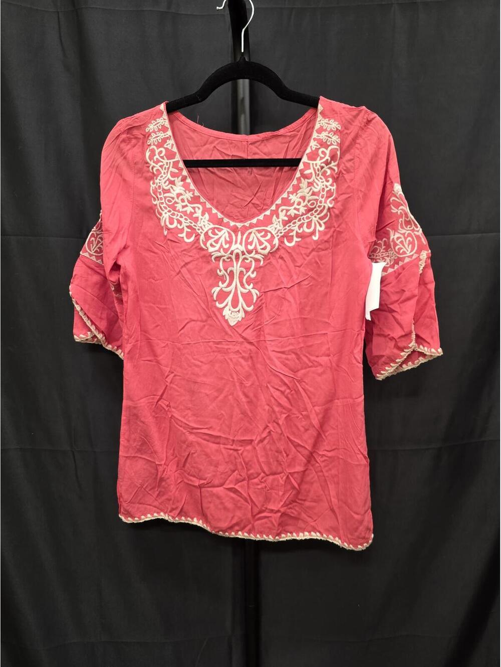 WOMEN’S EMBROIDERED MEXICAN BELL SLEEVE COTTON TUNIC TOP RED M